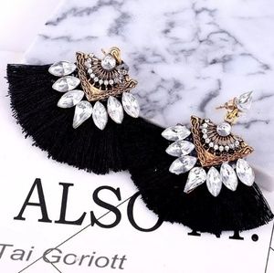 Boho Fan Rhinestone Black Tassel Earrings